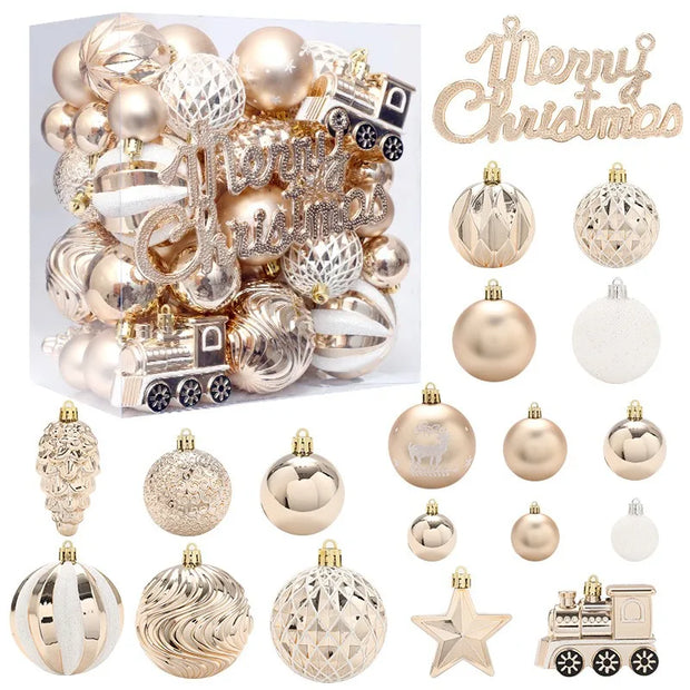 65PCS Champagne Gold Christmas Ball Decorations Matte Glossy Water Ripple Design Xmas Balls Christmas Tree DIY Decorations