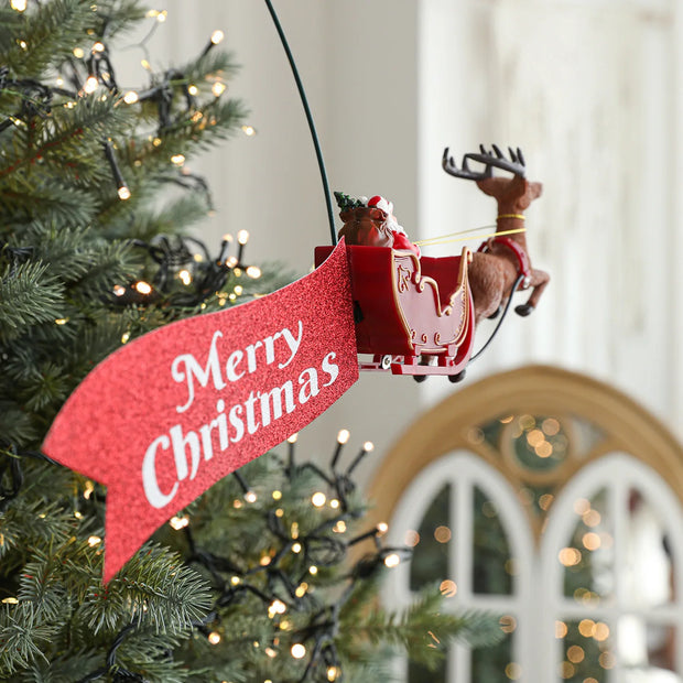 Santa’s Sleigh Animated Tree Topper with Banner Rotating Christmas Tree Topper with LED Star Light Christmas Tree Decor