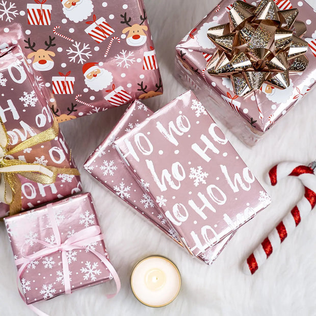 1 Roll Christmas Wrapping Paper Mini Roll, Pink Metallic Foil Shine Paper - Snowflakes/Santa Claus/HO Print for Gift Wrap, Arts