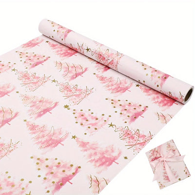 1 Roll 17inch x 393inch Pink with Gold Xmas Tree Wrapping Paper for Holiday Christmas, Gift Wrapping Paper for party