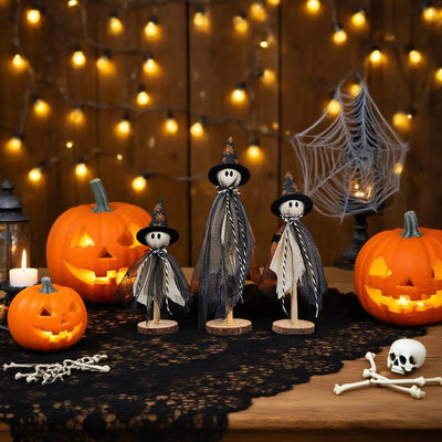 3pcs Halloween Ghost Decor  Halloween Ghost Figurine Wooden Rustic Sculpture 2025 Home Tabletop Party Supplies