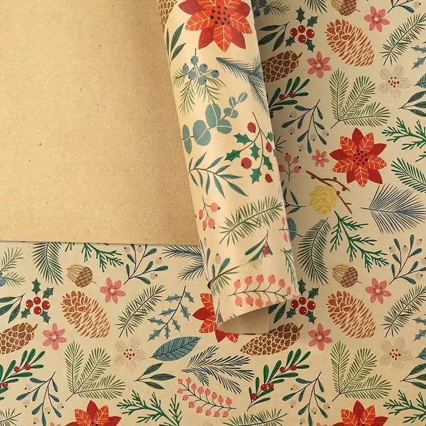 1 Roll 10m Large Size Christmas Theme Gift Wrapping Paper Plant Leaves Flowers Decoration Kraft Paper DIY Gift Packaging Supplies