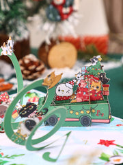 1pc Merry Christmas Pop-Up Card, Christmas Tree Woodland Reindeer Cardinal Poinsettia Greeting Card with Note Card and Envelop