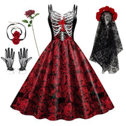 Halloween Cosplay dark Black Rose Skull Dress Women Costume Sleeveless Vintage Party Dresses Skull Witch Scary Girls Clothings