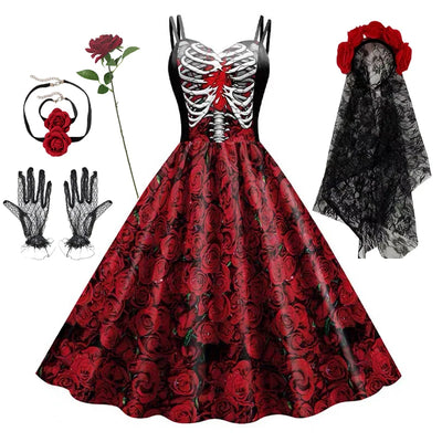 Halloween Cosplay dark Black Rose Skull Dress Women Costume Sleeveless Vintage Party Dresses Skull Witch Scary Girls Clothings