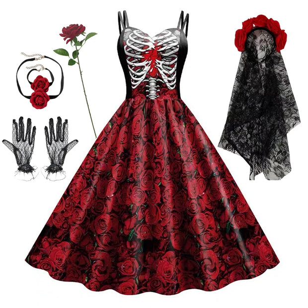 Halloween Cosplay dark Black Rose Skull Dress Women Costume Sleeveless Vintage Party Dresses Skull Witch Scary Girls Clothings