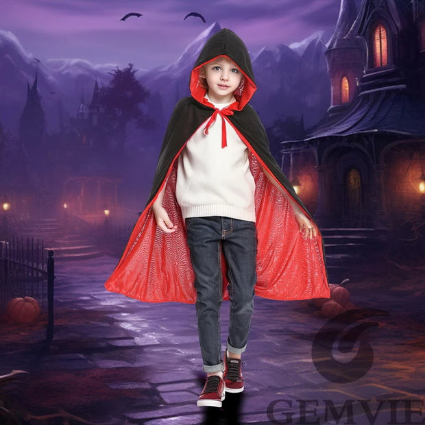 Unisex Child Adult Halloween Black Red Reversible Hooded Cloak Vampire Capes Party Costumes