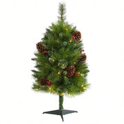 3FT Pre-Lit Artificial Pine Tree with Pinecones & Berries - 50 White LED Lights for Holiday Home Decor, Tabletop Christmas Tree