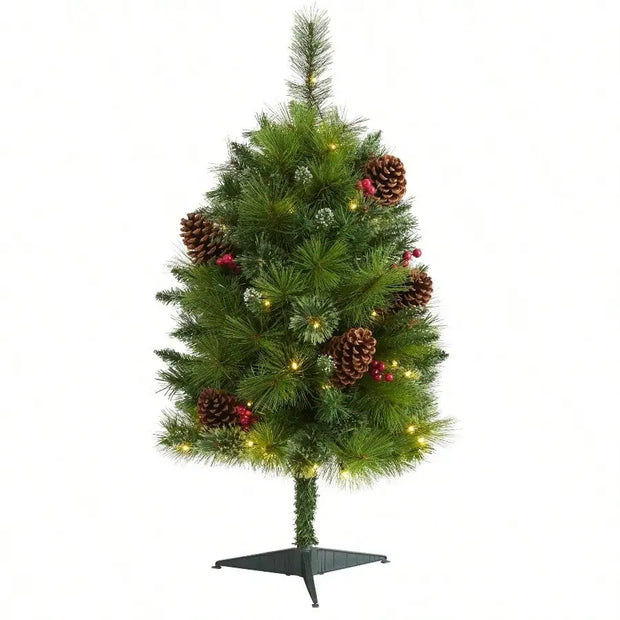 3FT Pre-Lit Artificial Pine Tree with Pinecones & Berries - 50 White LED Lights for Holiday Home Decor, Tabletop Christmas Tree