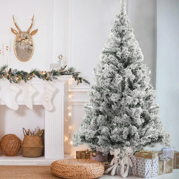 1.8m White Flocked Christmas Tree, Snowy Pencil Design with Realistic Branches, Easy Assembly & Metal Base, Perfect for Holiday