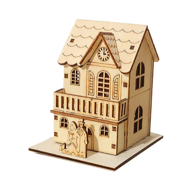 DIY Merry Christmas Decorations Mini Wooden House Luminous Cabin Christmas Tree Hanging Xmas Ornaments New Year Kids Gift