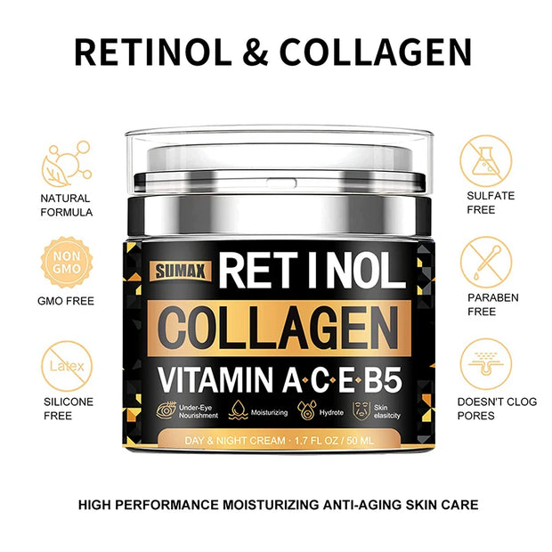 Retinol Collagen Face Cream Skincare Smooth Wrinkles  Moisturizing Brightening Hydrating Firming Facial Face Men Women Cosmetics