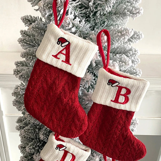 Christmas Stockings Xmas Gift Knitting Socks Pendant Red A-Z Letter Hanging Stock Christmas Tree Decor Ornament Navidad Gift Bag