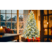 6FT Pre-Lit Spruce Snow Flocked Christmas Tree, Artificial Hinged Xmas Tree with 300 Multi-Color LED Lights, 8 Flashing Modes &7