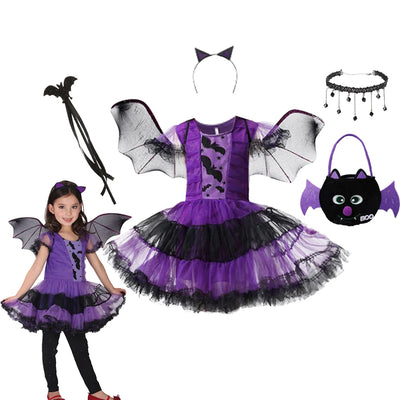 Girls Purple Bat Dress Kids Fancy Cosplay Vampire Demon Costume With Wing Headwear Halloween Carnivat Witch Role Play Clothes