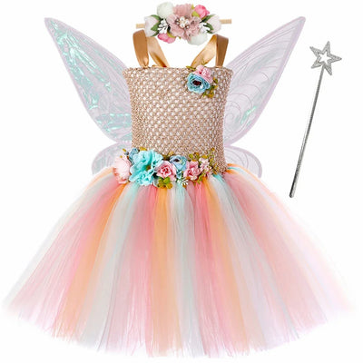 Flower Girls Fairy Tutu Dress with Wings Halloween Cosplay Butterfly Fairy Costume for Kids Birthday Party Tulle Princess Dress