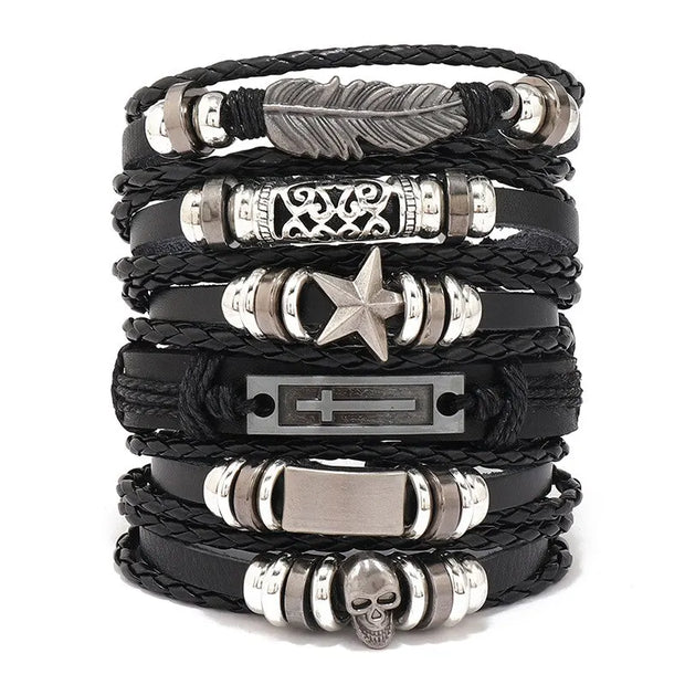 Fashion Bracelet Viking  Bracelet For Men Hand Bracelets Woven Skull Hand Jewelry Adjustable Leather Set viking man bracelet