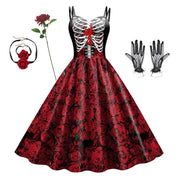 Halloween Cosplay dark Black Rose Skull Dress Women Costume Sleeveless Vintage Party Dresses Skull Witch Scary Girls Clothings