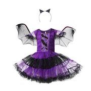 Girls Purple Bat Dress Kids Fancy Cosplay Vampire Demon Costume With Wing Headwear Halloween Carnival Witch Role Play Clothes