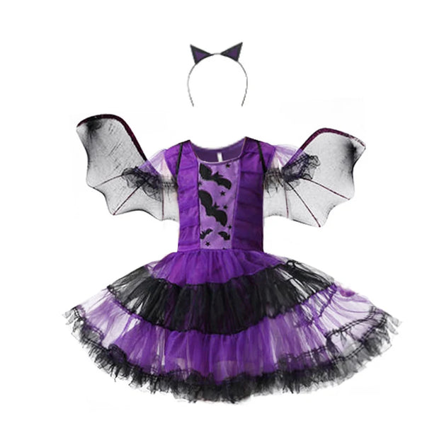 Girls Purple Bat Dress Kids Fancy Cosplay Vampire Demon Costume With Wing Headwear Halloween Carnival Witch Role Play Clothes