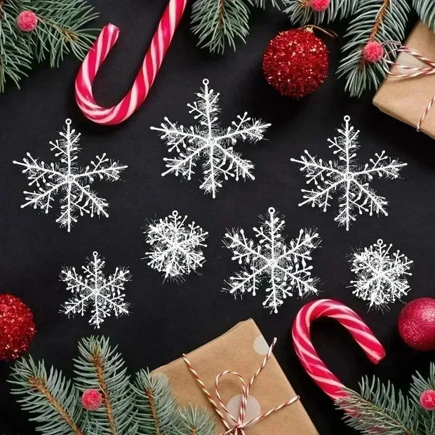Christmas Plastic White Snowflakes Ornaments Xmas Tree Hanging Pendant Artificial Glitter Snow Flake Home DIY Wreath Decoration