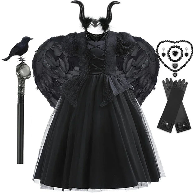 Maleficent Costume for Girls Halloween Witch Cosplay Black Witch Short Sleeve Cute New Horror Dress Accessories Set
