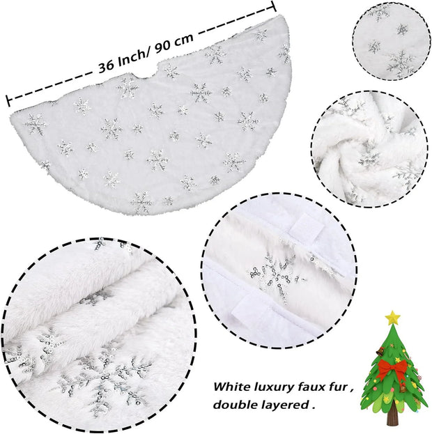 Elegant Embroidered Craft Christmas Tree Skirt White Plush Silver Sequin Snowflake Pattern for Holiday Party Decor