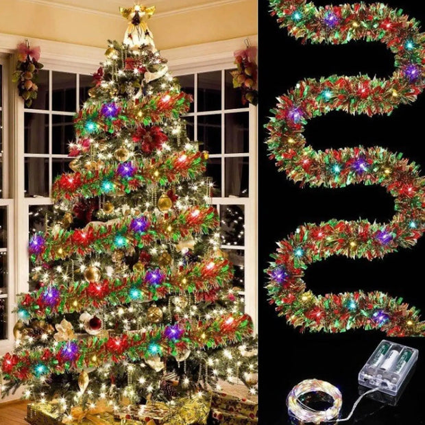 Christmas Tree Shiny Garland Light Christmas Streamers Ornaments Tinsel Garland with Led Lights Shiny Twist Christmas Decor