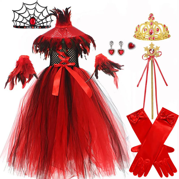 2025 Halloween Vampire Costume for Girls Devil Witch Gothic Mesh Clothes Demon Vampires Queen Cosplay Carnival Party Dress Set