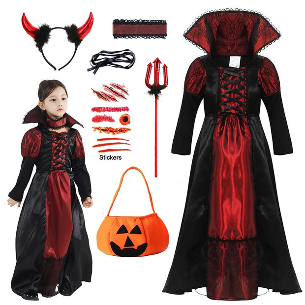 Girls Red Vampire Halloween Kids Costumes for Girl 2025 Carnival Party Prom Gown Ghost Bride Gothic Cosplay Children Clothing