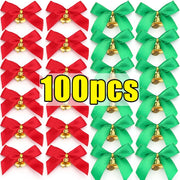 Christmas Ribbon Bows with Bell Decoration Package Gift Small Flower Bowknot for Craft Hairclip Wedding Bow DIY Party Charms