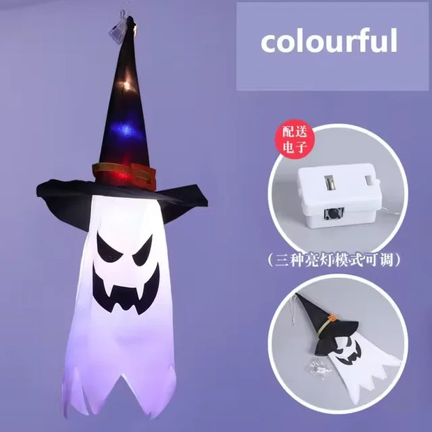 Halloween Decoration Pendant Outdoor Courtyard Eaves Railing Hanging Wizard Ghost Hat LED Pendant Light Home Bar Horror Props