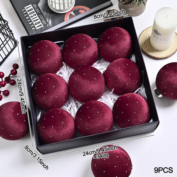 8cm 9pcs Silk Velvet Christmas Ball Ornaments Luxury Dot Christmas Tree Party Decoration Set Christmas Spheres Pendant 2025 New