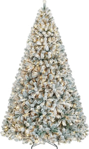 5 to 10ft Artificial Christmas Tree , Snow Flocked Full Prelighted Xmas Tree with 2084 Branch Tips, 900 Incandescent Lights