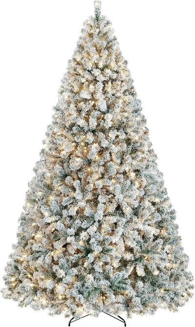 5 to 10ft Artificial Christmas Tree , Snow Flocked Full Prelighted Xmas Tree with 2084 Branch Tips, 900 Incandescent Lights