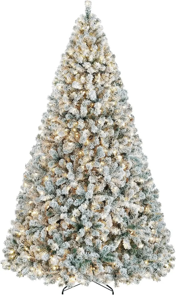 5 to 10ft Artificial Christmas Tree , Snow Flocked Full Prelighted Xmas Tree with 2084 Branch Tips, 900 Incandescent Lights