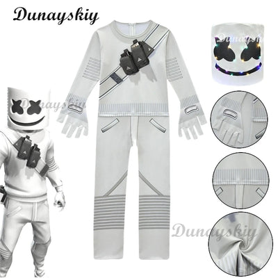 Fortnites DJ Marshmello Cosplay Costume White Jumpsuit Carnival Party Electric Syllables Bodysuit Halloween
