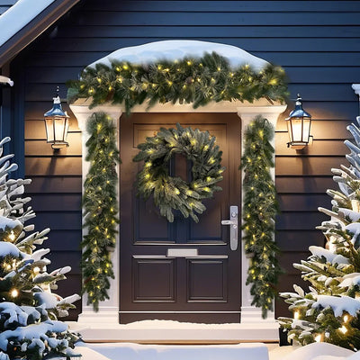 Pre-Lit Greenery Pine Cone Christmas Garland Flocked and Warm White Led Lights, Front Door Christmas Wreath, Teardrop