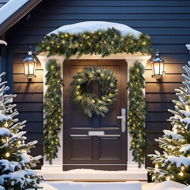 Pre-Lit Greenery Pine Cone Christmas Garland Flocked and Warm White Led Lights, Front Door Christmas Wreath, Teardrop
