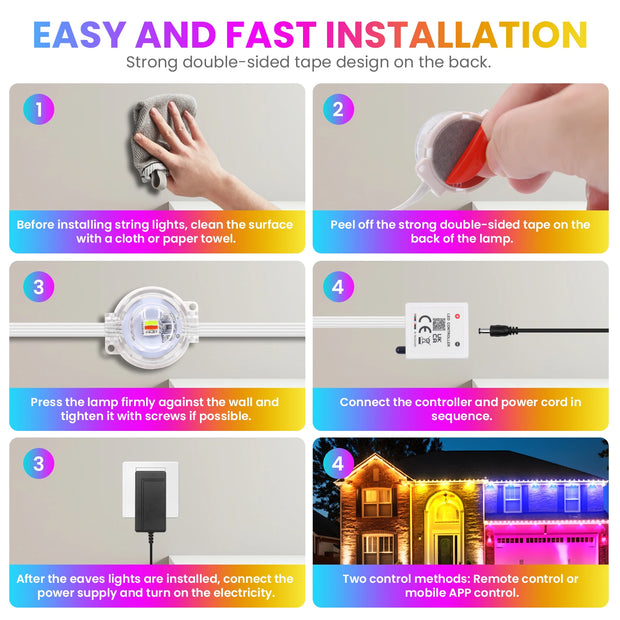 RGB Eaves Lights Smart Bluetooth APP Permanent Outdoor Music Sync Light Waterproof Christmas LED Strings 15M 30M 60M 90M 150M