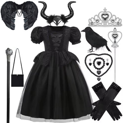 Maleficent Costume for Girls Halloween Witch Cosplay Black Witch Short Sleeve Cute New Horror Dress Accessories Set