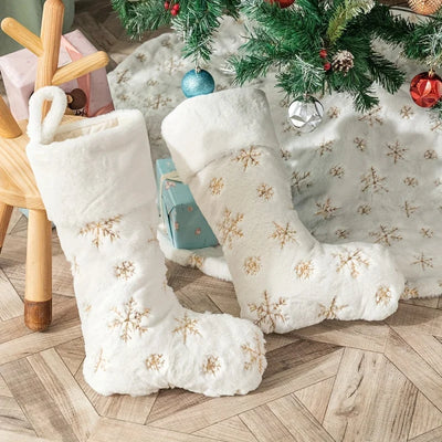 Christmas Stocking, 16 Inch Plush Faux Fur Sock with Snowflake Sequins, Holiday Tree Wall Fireplace Home Decor