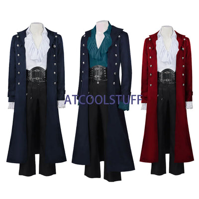Steampunk Medieval Count Costumes Pirate Gothic Navy Long Jacket Coat Shirt Vampire Cosplay  Halloween Outfit Men's Trenchcoat