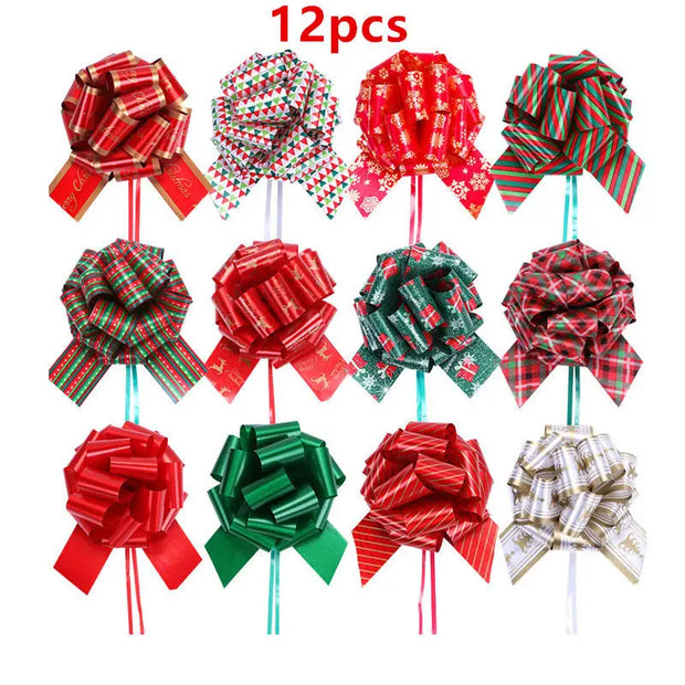 New 12PCS Christmas Pull String Bows Big 3.54 Inch Gift Bows Ribbon for Xmas Present Wrapping Florist Flower Basket Decoration