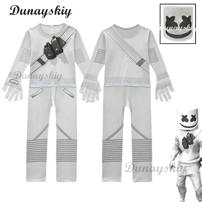 Fortnites DJ Marshmello Cosplay Halloween Costume with Boys Girls 842 Jumpsuit Carnival Party Electric Syllables Bodysuit