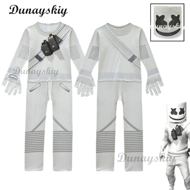 Fortnites DJ Marshmello Cosplay Halloween Costume with Boys Girls 842 Jumpsuit Carnival Party Electric Syllables Bodysuit