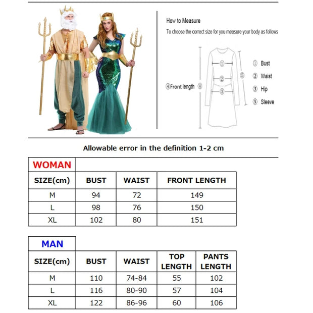 Women Sea Siren Mermaid Queen Costume Staff Men's Poseidon Costumes Adult Egypt Egyptian Pharaoh Prince King Cosplay Fancy Dress