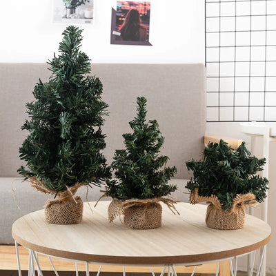Mini Christmas Trees Green Artificial Plants Home Desktop Ornaments Window Christmas Artificial Potted Plants Burlap Decoration
