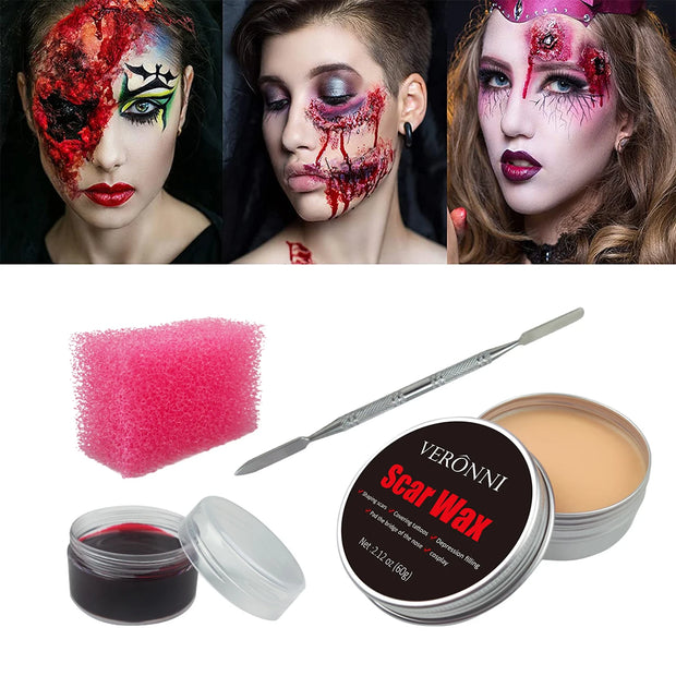2/4/5PCS SFX Makeup Set Special Effect Halloween Party Wound Scar Wax Makeup with Spatula Sponge to Create a Blood Splash Shape