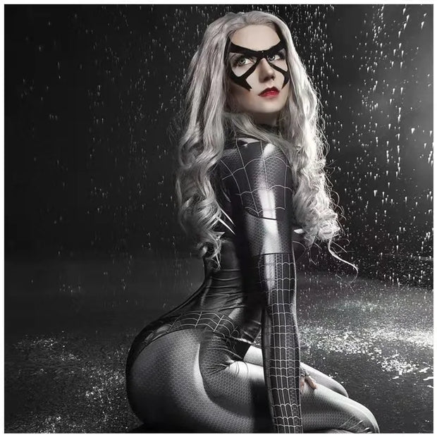Sexy Black Cat Superhero Cosplay Costume Spider Women Halloween Costume Christmas Tights 3D Print Jumpuit Bodysuit Crotch Zipper